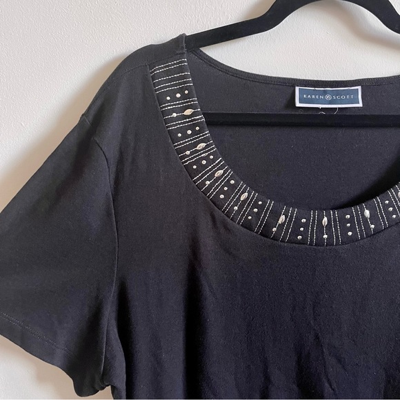 Karen Scott Black Embellished Neck Tee - Picture 3 of 4